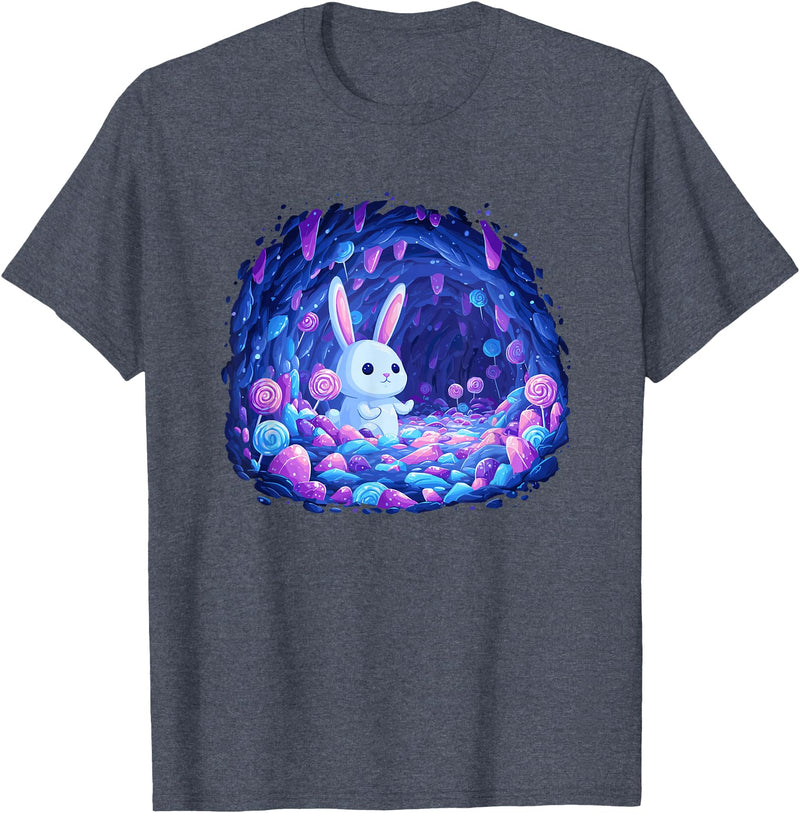 Enchanting Bunny in Candy Cave Fantasy World T-Shirt in Heather Blue