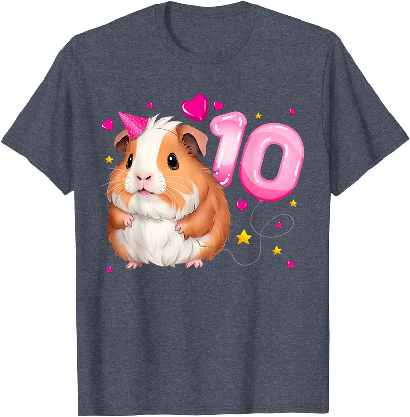 Birthday Girl by Content Design Studio 10th Birthday Girl 10 Years, Guinea Pig and Big Number 10 T-Shirt - Heather Blue