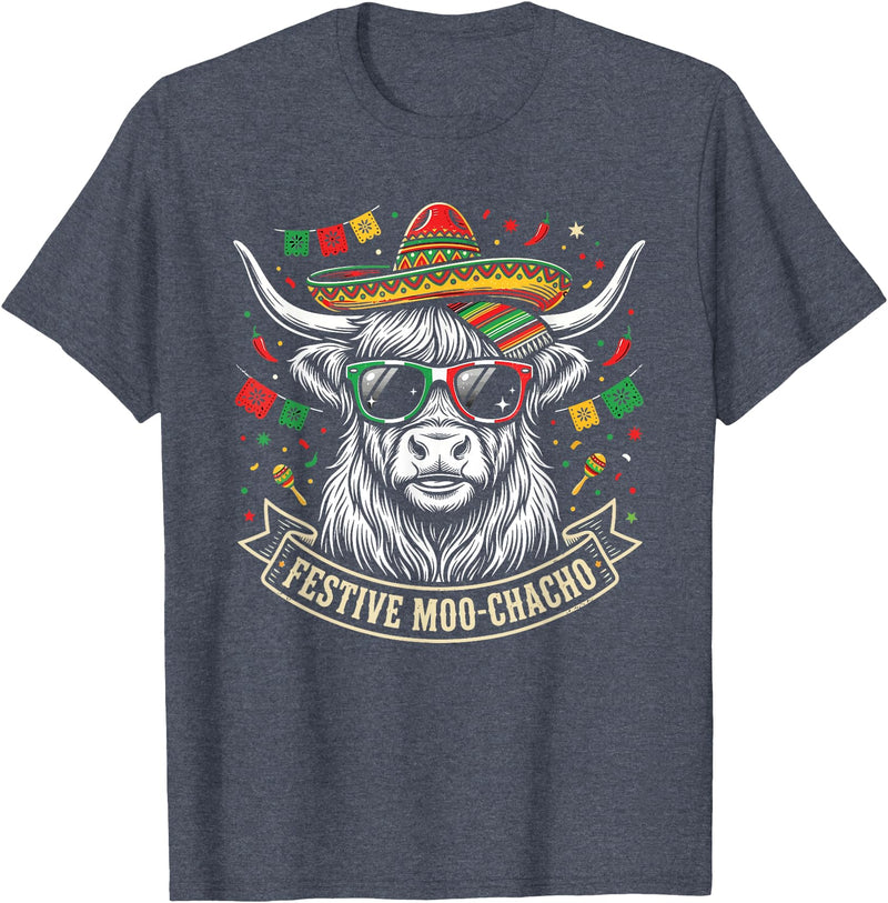 Cinco De Mayo Fiesta Moo Tees Vintage Highland Cow Cinco De Mayo Funny Retro Fiesta Design T-Shirt - Heather Blue