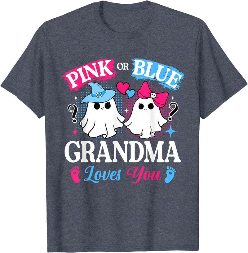 Halloween Ghost Baby Gender Reveal Family Matching Pink or Blue Grandma Loves You Gender Reveal Halloween T-Shirt - Heather