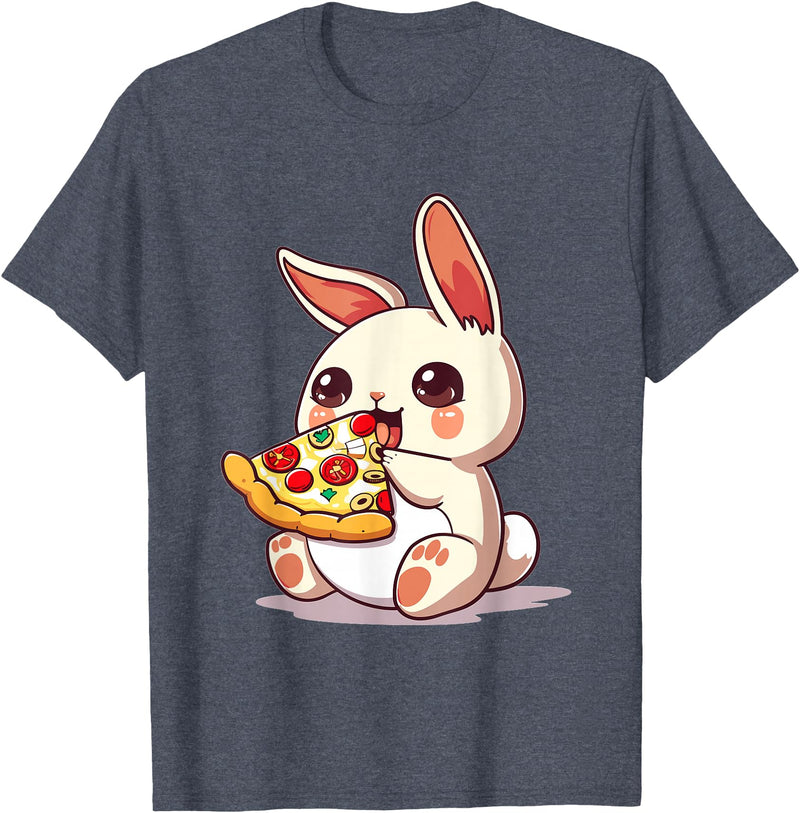Funny Bunny Rabbit Eating Pizza Graphic T-Shirt in Heather Blue