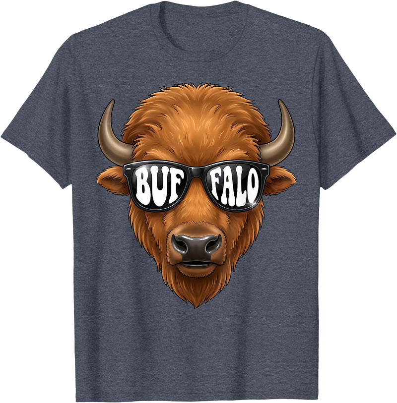 generic Buffalo with Sunglasses Wildlife Graphic for Men Women Kids T-Shirt - Heather Blue
