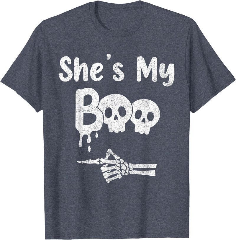 Couples Halloween Matching Gifts Matching Halloween Pajama Couples, She’s My Boo Skull Face T-Shirt - Heather Blue