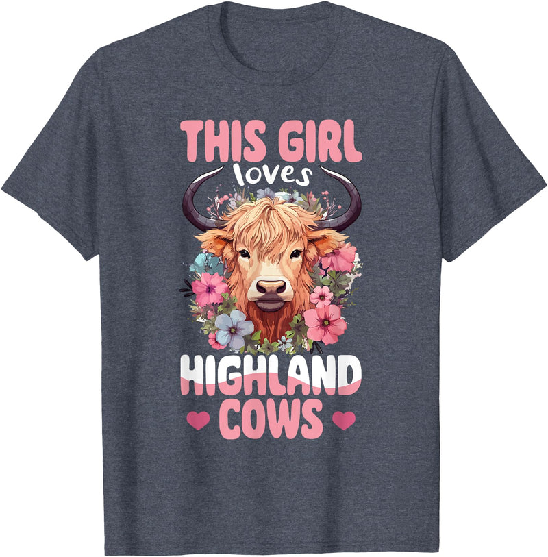 Scottish Highland Cow Lover designs Scottish Highland Cow - This Girl Loves Highland Cows T-Shirt - Heather Blue