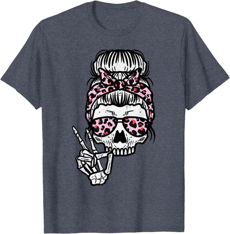 Cute Womens Halloween Shirts For Girls Kids Skeleton Skull Hairbun Leopard Halloween Costume Women Mom T-Shirt - Heather Blue