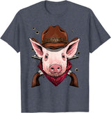 Wowsome! Cowboy Pig Western Rodeo Cowboy Hat and Bandana T-Shirt - Heather Blue
