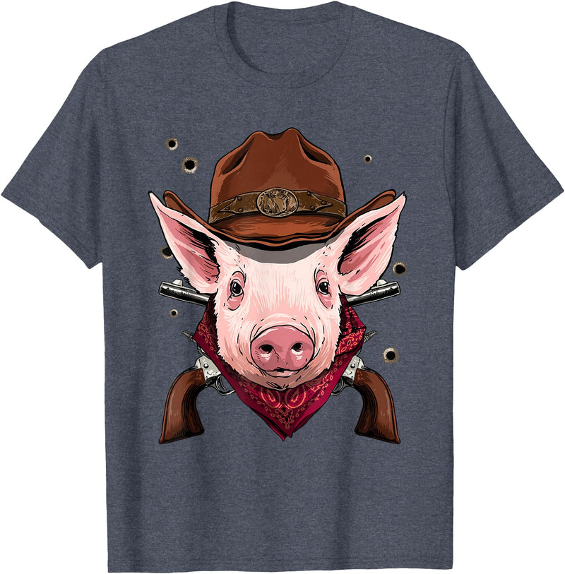 Wowsome! Cowboy Pig Western Rodeo Cowboy Hat and Bandana T-Shirt - Heather Blue