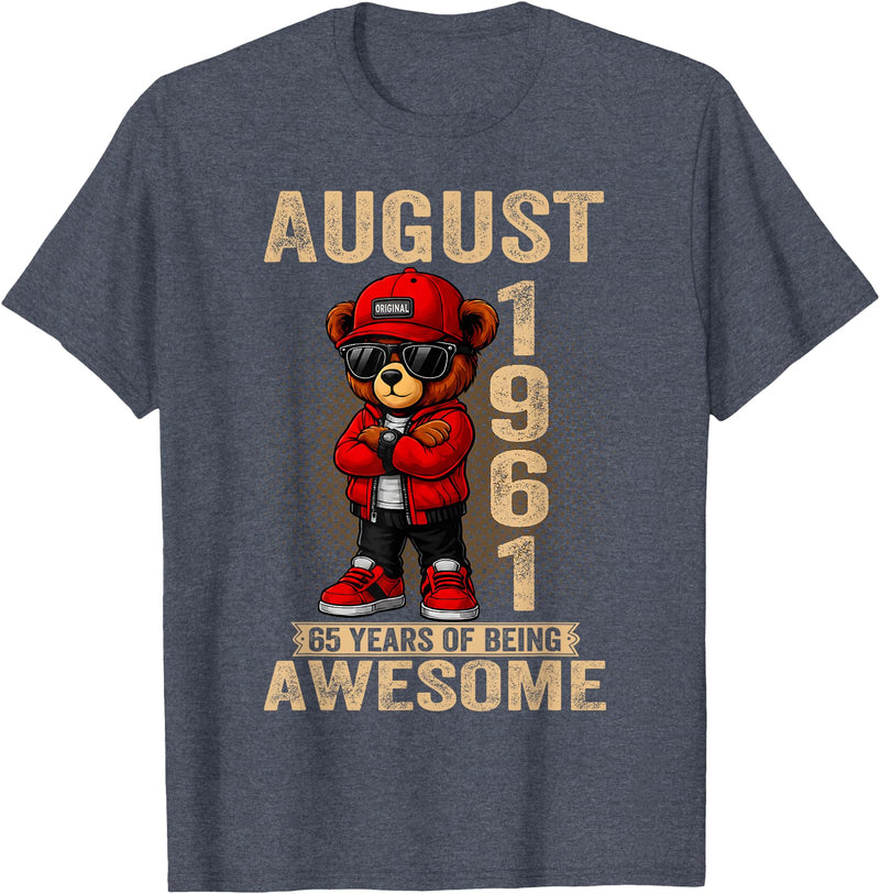 Born in 1961 August 65th Birthday Gifts For Women August 65th Birthday Men Women 1961 Awesome Teddy Bear T-Shirt - Heather Blue