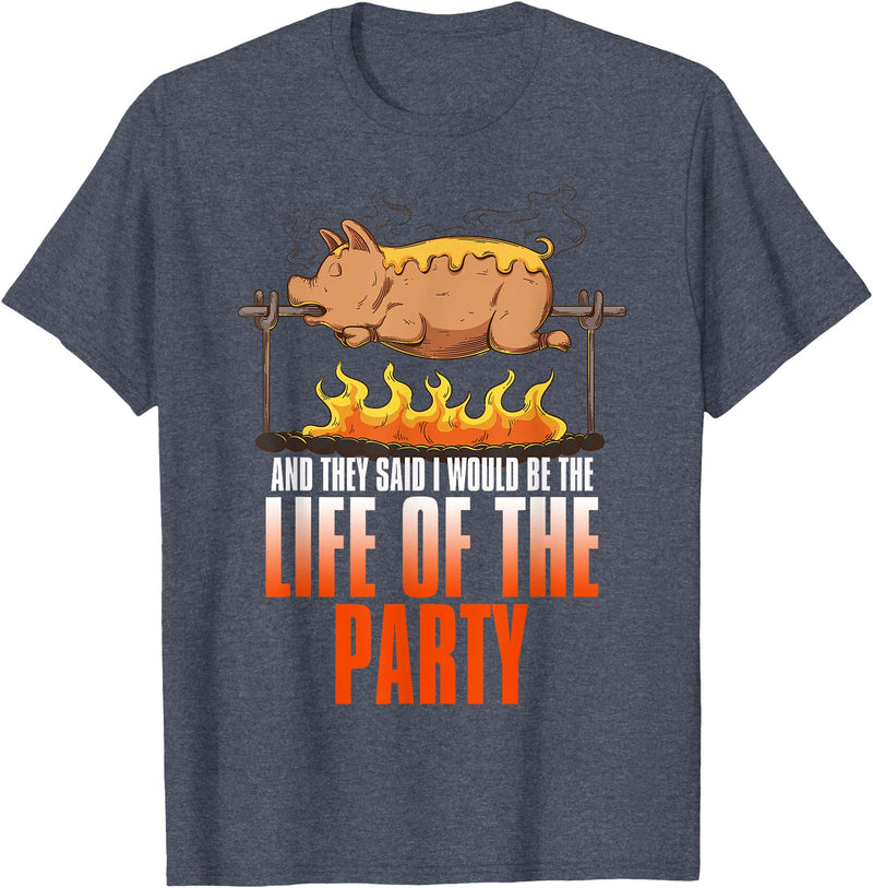 BBQ Season Smoke Meat Dad Grill Gifts Funny Saying Roasted Pig Rotisserie Pork Lover Food Pun Tee T-Shirt - Heather Blue