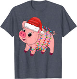 Pig Christmas Gifts Men Women Kids Co. Christmas Lights Pig Wearing Xmas Hat - Pig Lover Farmer T-Shirt - Heather Blue