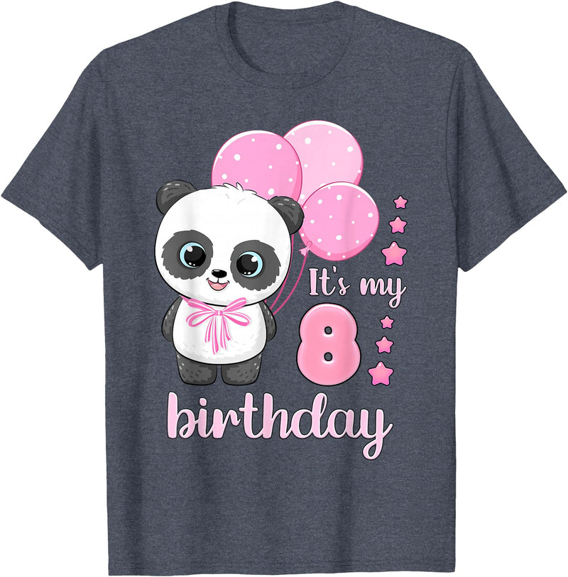 Birthday Gifts for Girls by Content Design Studio Birthday Girl 8 Panda Pink Balloons T-Shirt - Heather Blue