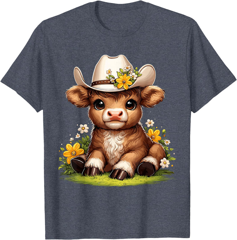Cute Scottish Highland Cow Lovers Scottish Highland Cow Flowers Cattle Hairy Cow T-Shirt - Heather Blue