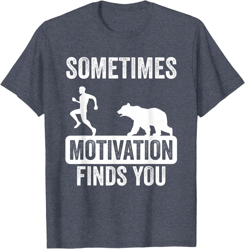 Mens Sometimes Motivation Finds You Garment Mens Sometimes Motivation Finds You Camping Bear Design T-Shirt - Heather Blue