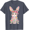 Cute Pink Flower Bunny Rabbit Happy Easter Women Girls T-Shirt in Heather Blue