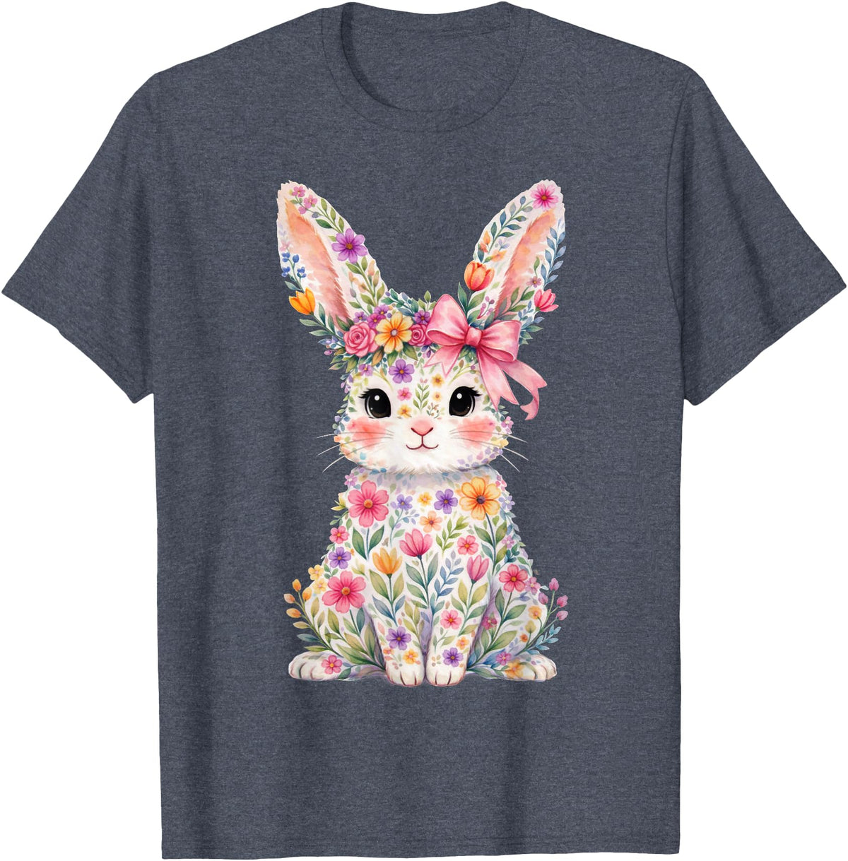 Cute Pink Flower Bunny Rabbit Happy Easter Women Girls T-Shirt in Heather Blue