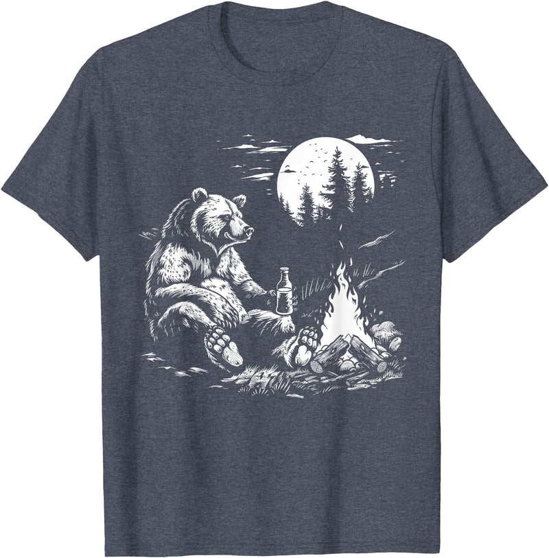 Camping Grizzly Bear Camping Bear Drinking Beer Hiking Nature Funny Grizzly Bear T-Shirt - Heather Blue