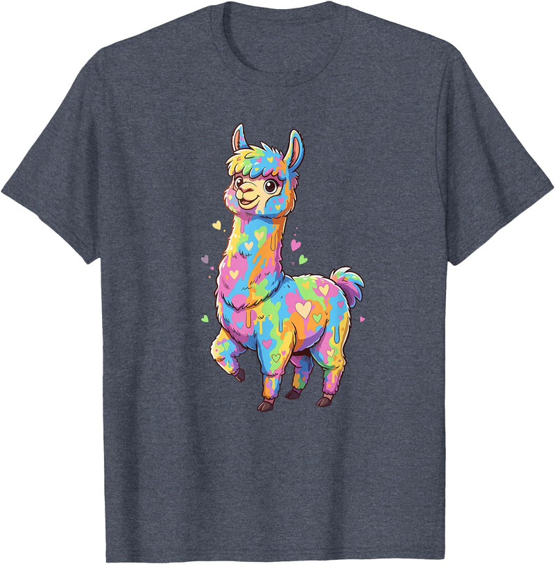 Rainbow Llama Love Pastel Hearts Kawaii Colorful Rainbow Heart Llama Kawaii Cute T-Shirt - Heather Blue
