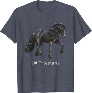Horse Lover Art by CSForest I Love Friesians Black Friesian Draft Horse Lovers Gift T-Shirt - Heather Blue