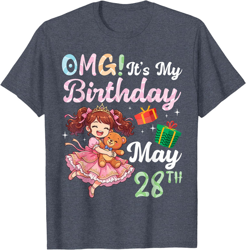 H1Shop Happy Birthday Born On May 28 OMG It's My Birthday Born On May 28th Girl with Present Bear T-Shirt - Heather Blue