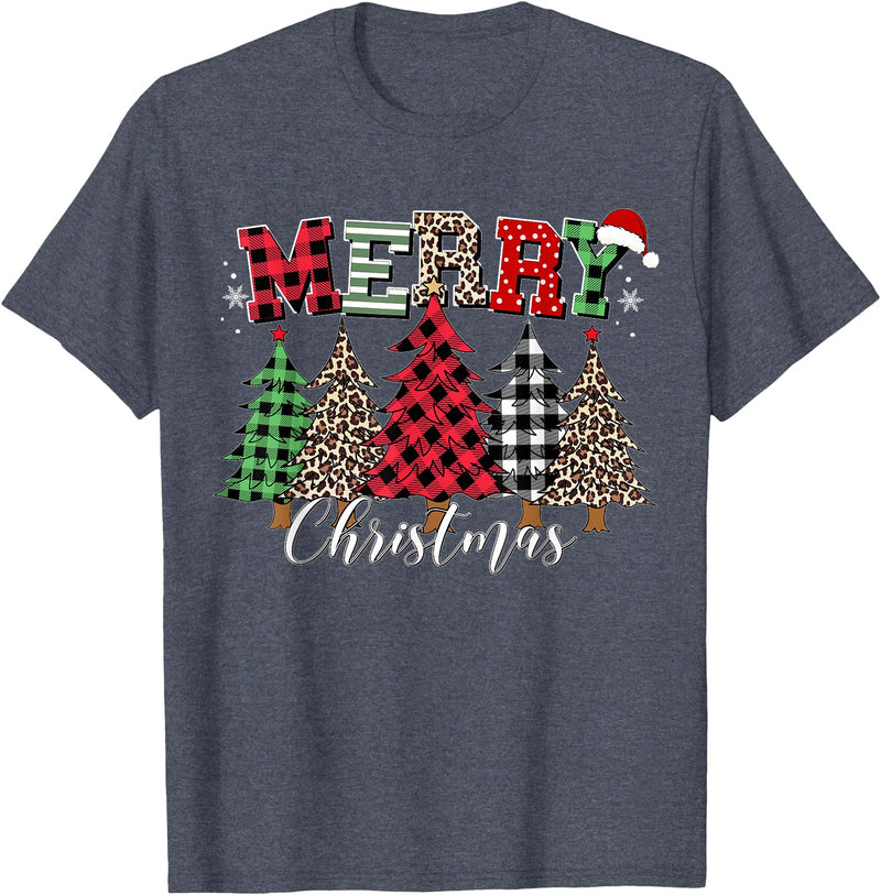 Merry Christmas Leopard Buffalo Red Plaid for Men Women T-Shirt - Heather Blue