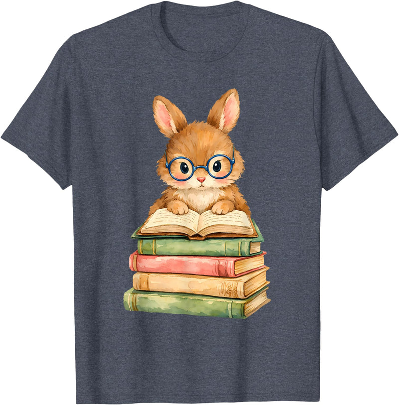 Reading Bunny Rabbit Glasses Book Bookworm Teacher Women T-Shirt in Heather Blue