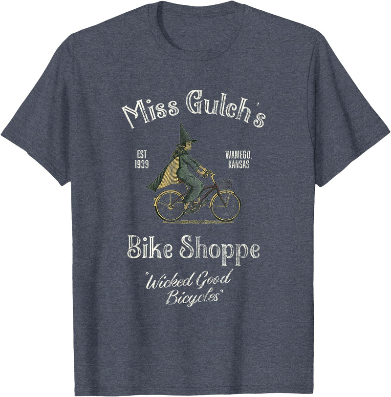 Pebble & Birch Collaborative Miss Gulch's Bike Shop, Distressed Funny Halloween T-Shirt - Heather Blue