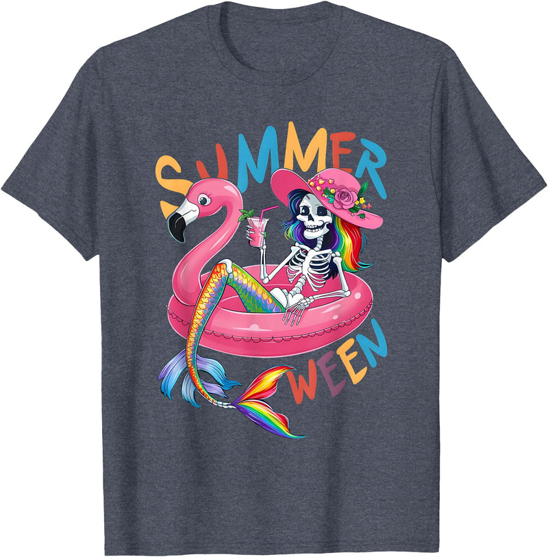 Summer Halloween Summerween Summerween Mermaid Skeleton Flamingo Summer Halloween Women T-Shirt - Heather Blue