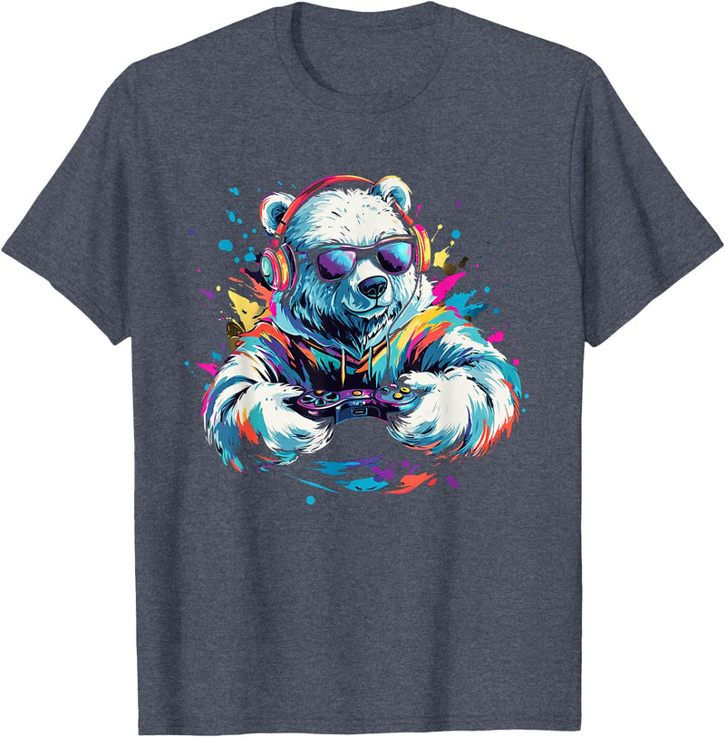 Colorful artistic polar bear gamer animal motifs Gaming Polar Bear Colorful Headset Art Gamer Polar Bear T-Shirt - Heather Blue