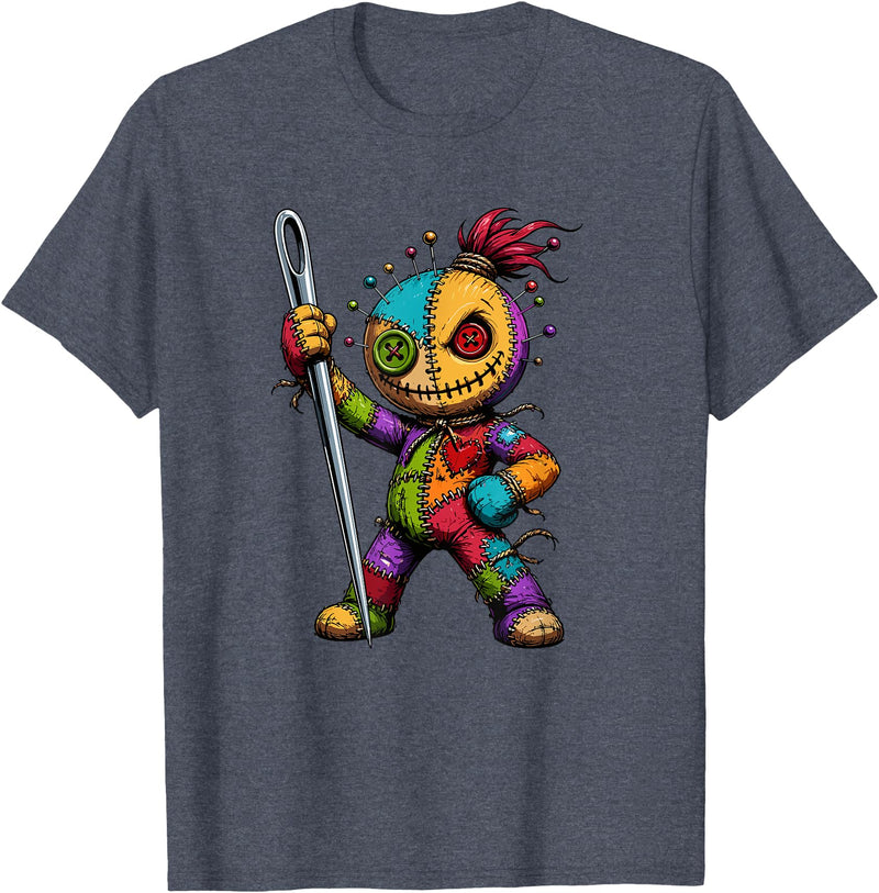 Colorful Voodoo Doll Patchwork Horror Halloween Creepy Rainbow Voodoo Doll with Needle Halloween T-Shirt - Heather Blue