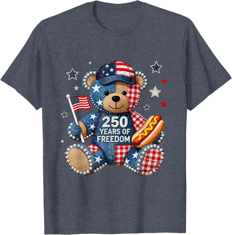 Patriotic Bear USA Vintage Co 250 Years of Freedom Patriotic Bear USA Retro T-Shirt - Heather Blue