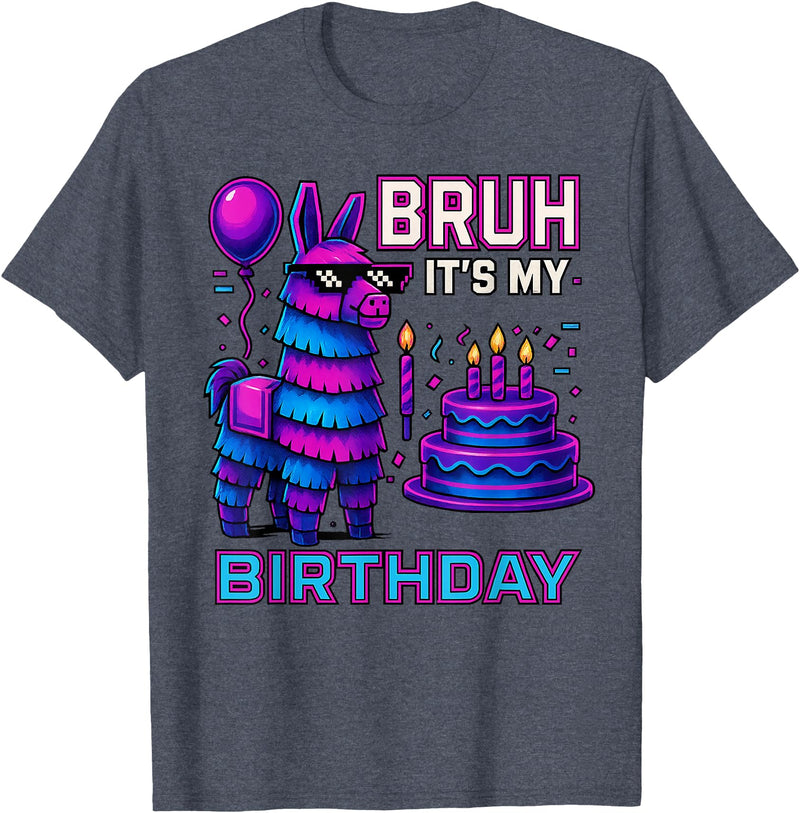 gaming gamer Birthday Llama Pinata Family Apparel Bruh It’s My Birthday Funny Llama Pinata Bday boy Kids Party T-Shirt - Heather Blue