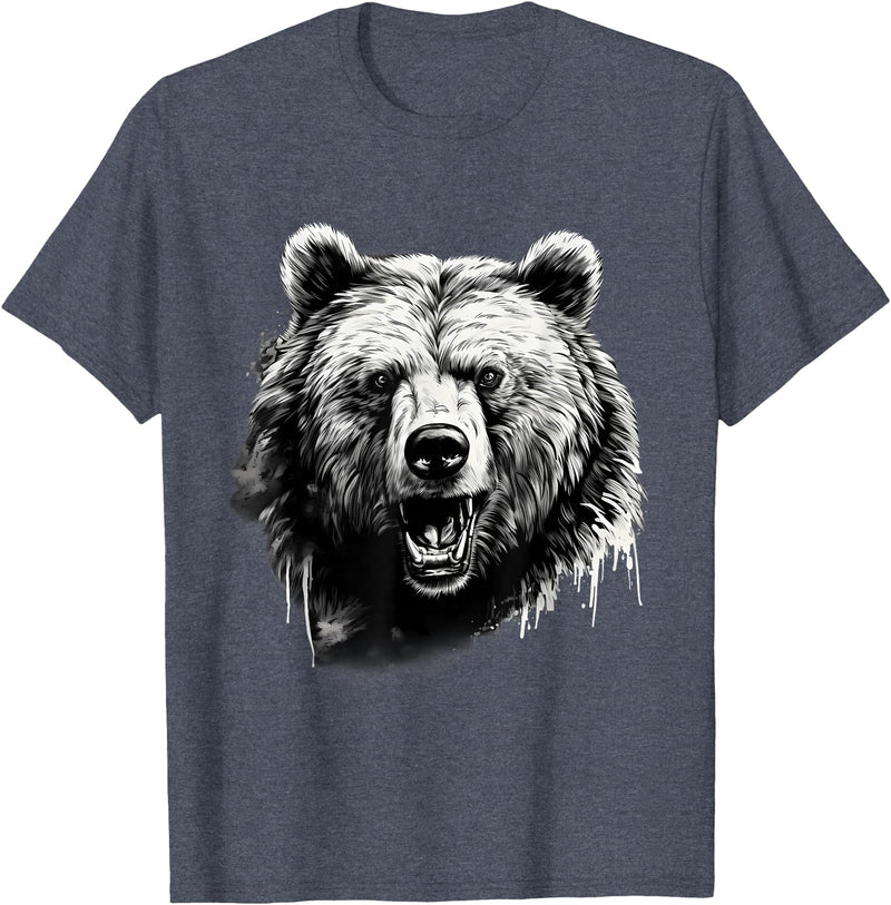 Forest Animal Art Bear Animal Art Portrait Wildlife Nature Artwork Drawing T-Shirt - Heather Blue