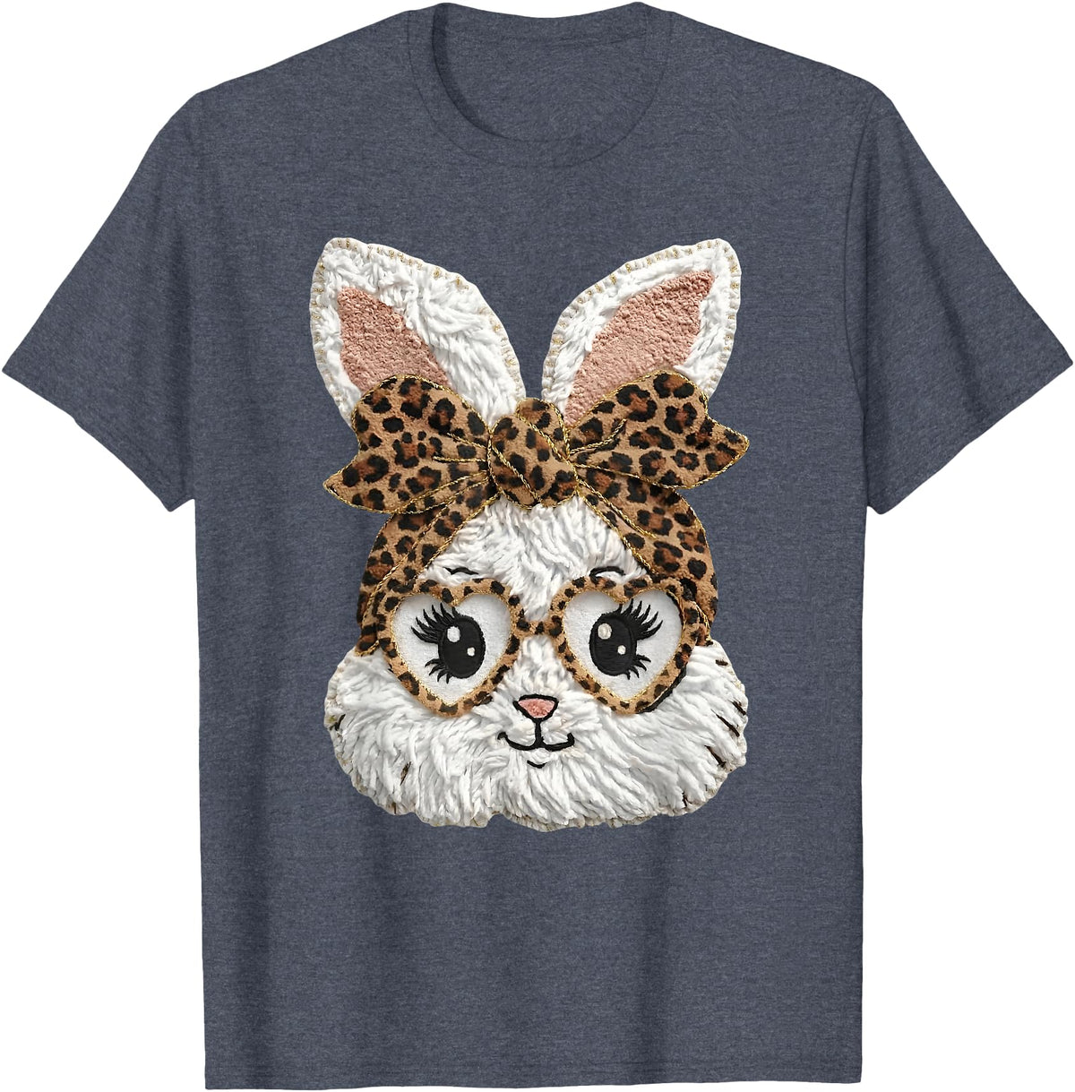 Happy Easter Funny Bunny Glasses Leopard Bandana Rabbit Face T-Shirt in Heather Blue