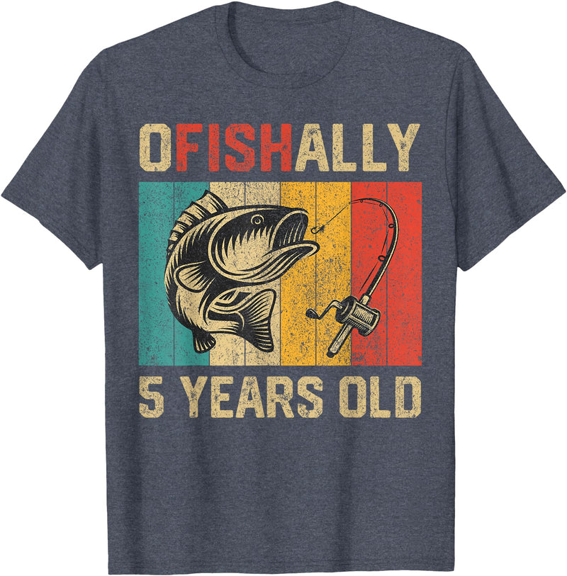 Vintage Fishing Fisherman Birthday Gifts Ofishally 5 Years Old Funny Fishing Birthday Fisherman T-Shirt - Heather Blue
