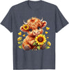 Cute Highland Cow Sunflowers For Girls Cute Highland Cow Sunflowers Girls Women Animal Lovers T-Shirt - Heather Blue