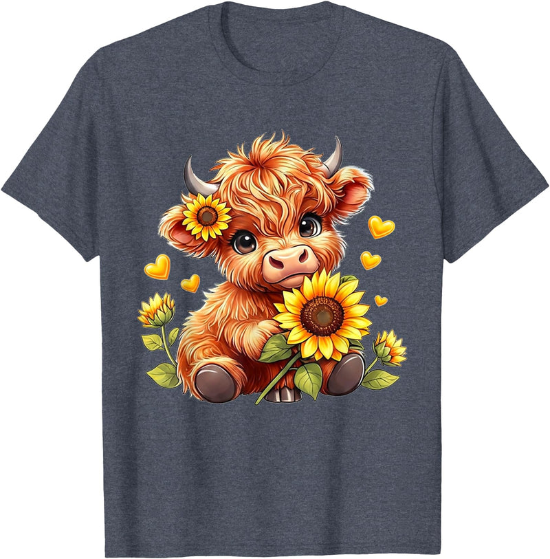 Cute Highland Cow Sunflowers For Girls Cute Highland Cow Sunflowers Girls Women Animal Lovers T-Shirt - Heather Blue