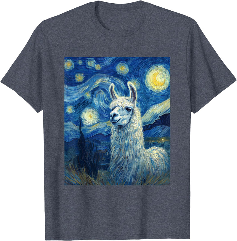 Llama Designs. Llama Alpaka Van Gogh Style Starry Night Funny Graphic T-Shirt - Heather Blue