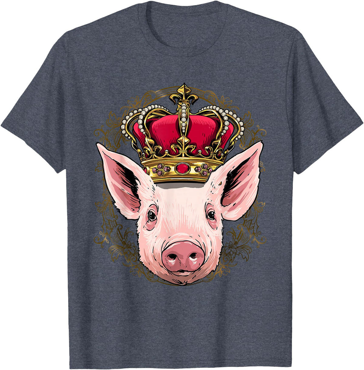 Wowsome! King Pig Wearing Crown - Queen Pig Animal T-Shirt - Heather Blue