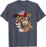 Mountain Lion Cougar Panther Catamount Designs Mountain Lion With USA Hat T-Shirt - Heather Blue