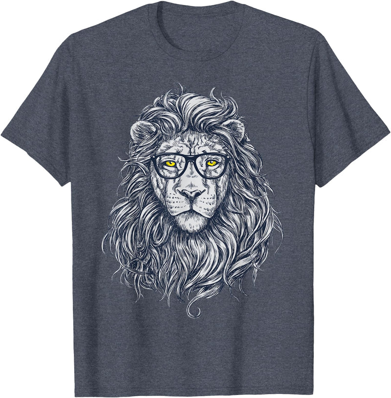 Wise Animal Cool Lion in Glasses Hipster Funny Nerd Humor T-Shirt - Heather Blue