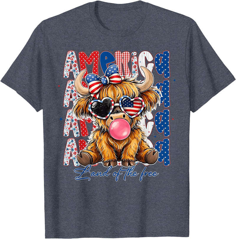 Cute Cow Creations Highland Cow 4th of July, Patriotic Cowgirl Bow Design T-Shirt - Heather Blue