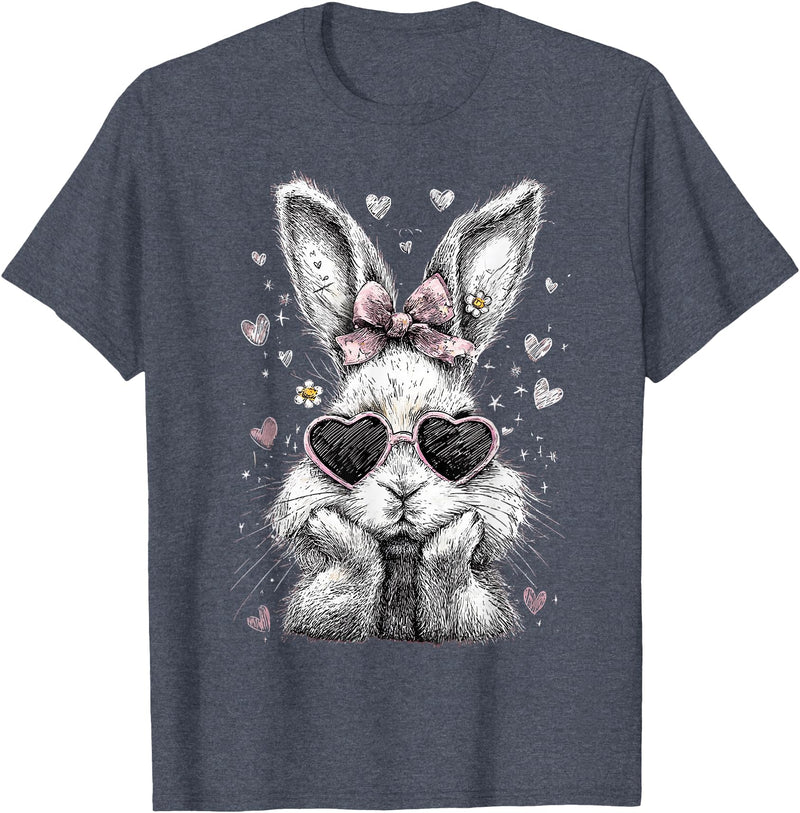 Funny Bunny Face Glasses Bandana Pink Rabbit Happy Easter T-Shirt in Heather Blue