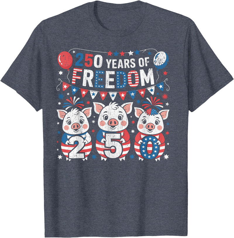250th Patriotic 250 Years of Freedom 250th America Funny Pigs Patriotic 250 Years of Freedom T-Shirt - Heather Blue