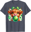 Cute Highland Cow Hilarious Shamrock Themed Highland Cow Blowing Bubblegum Celebrate St Patricks Day T-Shirt - Heather Blue