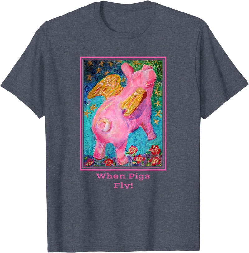 Animal Art T Shirts When Pigs Fly Art T Shirt T-Shirt - Heather Blue