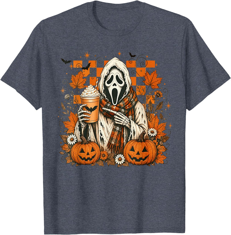 Halloween Pumpkin Ghost Autumn Leaves Graphic Cute Spooky Ghost Fall Halloween Coffee Latte Autumn Pumpkin T-Shirt - Heather