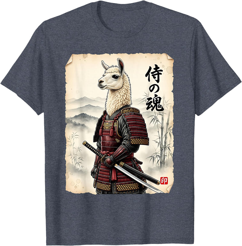 Vintage Samurai Alpaca Llama Japanese Art Tees Samurai Llama Japanese Art Vintage Alpaca Funny Animal T-Shirt - Heather Blue