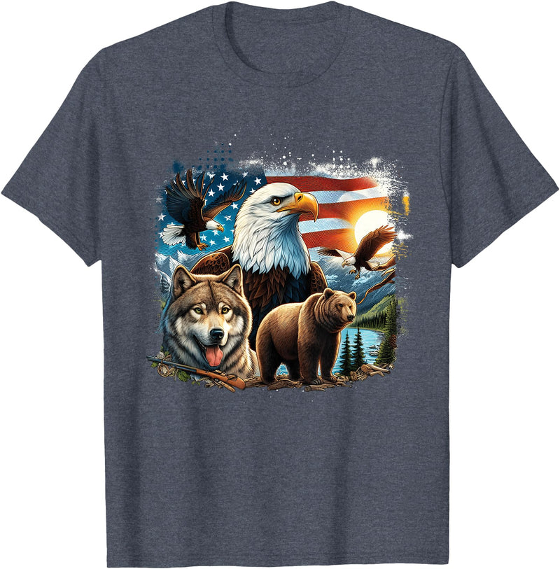 USA Animals Bald Eagles Grizzly Bear Wolf Wilderness Nature T-Shirt - Heather Blue