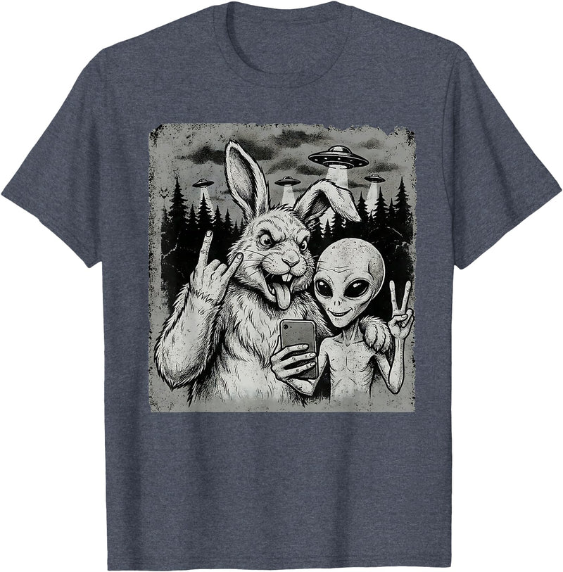 Funny Rabbit and Alien Rock on Hand Sign UFO Selfie T-Shirt in Heather Blue