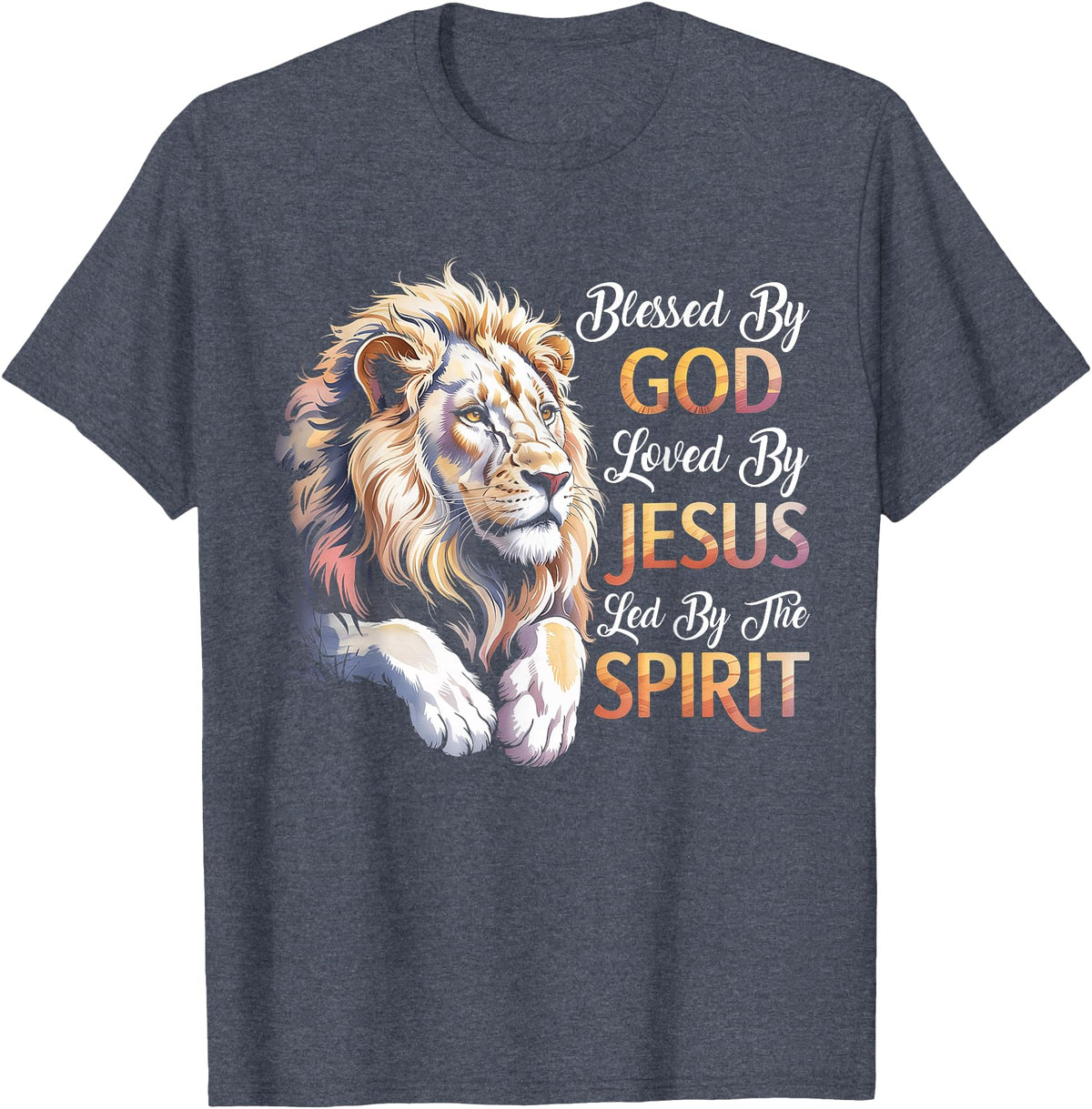 Jesus Lion of Judah Christian Tee. Blessed By God - Loved By Jesus Christian Lion T-Shirt - Heather Blue